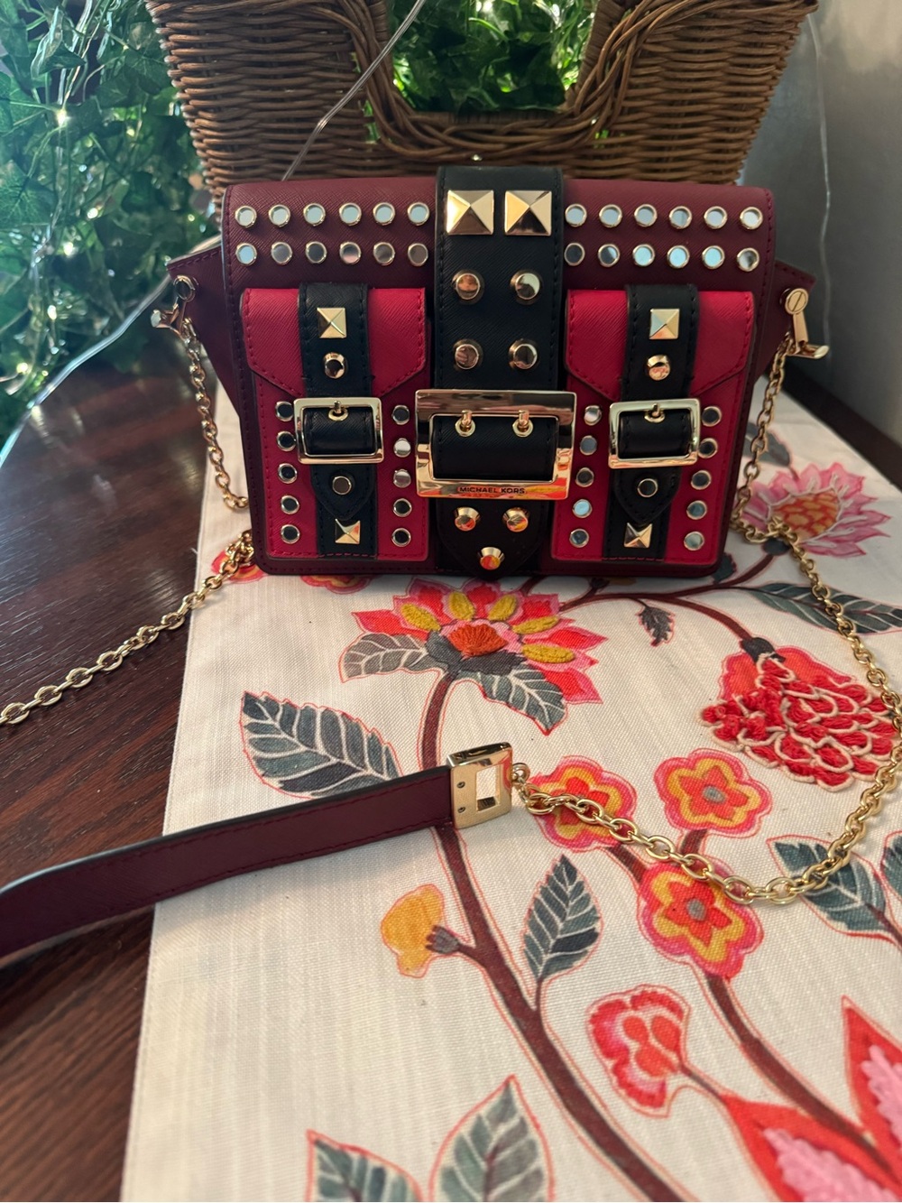 Michael Kors Red & Black Studded Crossbody Bag